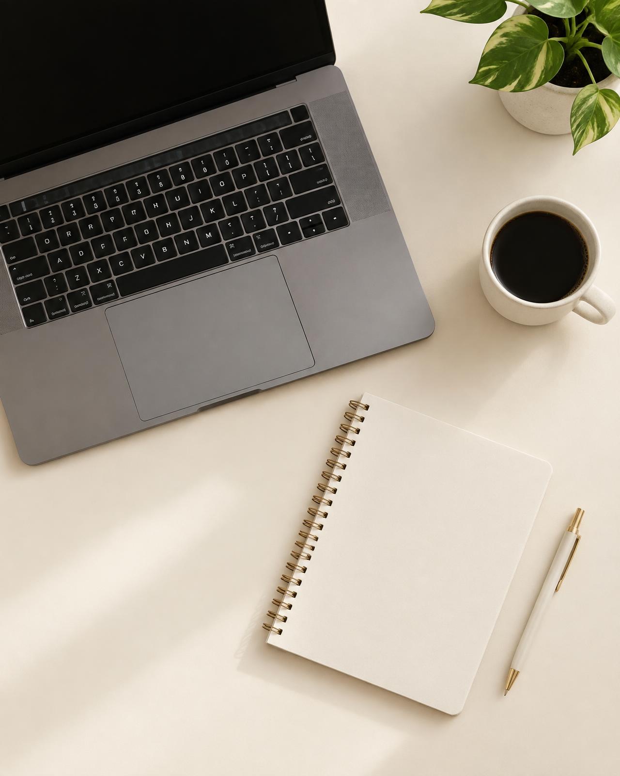 Laptop, blank notebook and pen on a light desk, viewed from above